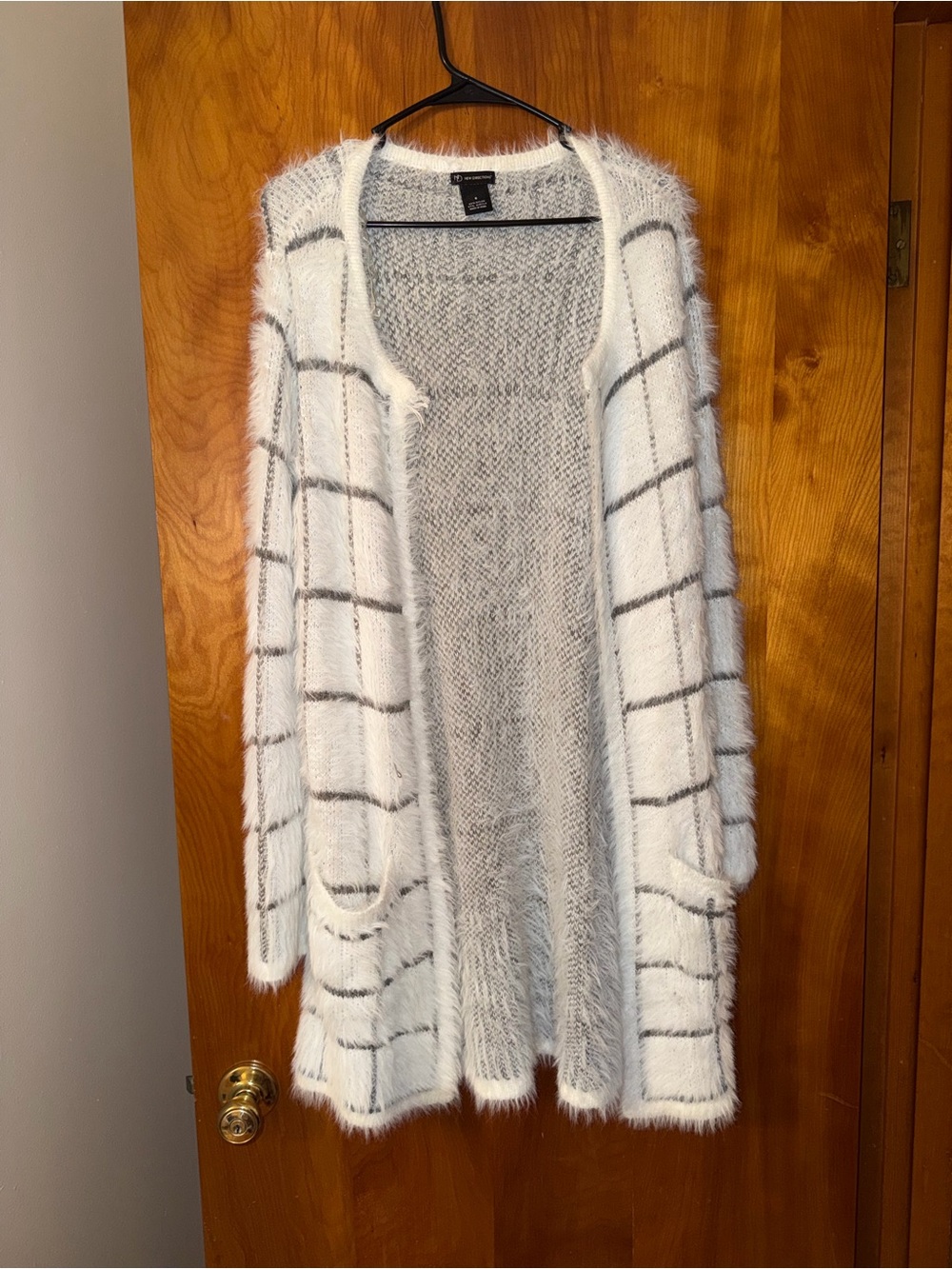 Express White Fuzzy Open Cardigan with Gray Windowpane